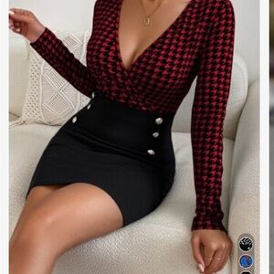 Red and Black Houndstooth Top with Black Skirt